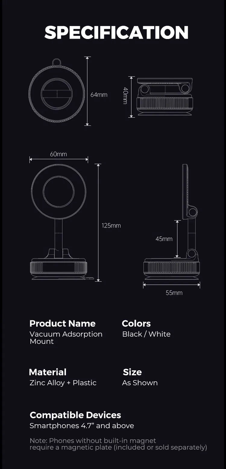 360° Magnetische Auto Telefoonhouder – Ultra Sterke Vacuüm Bevestiging